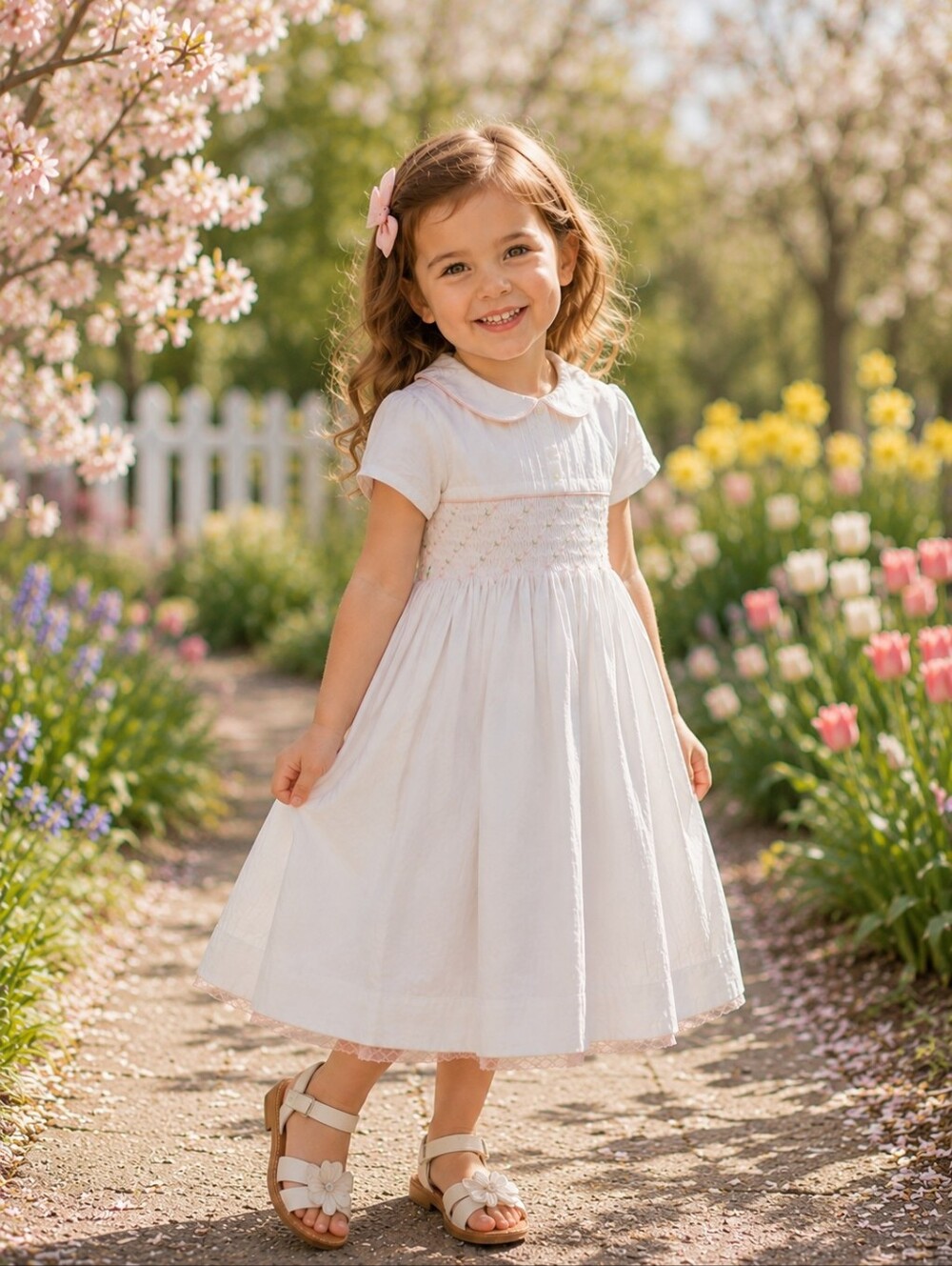 NWT Edgehill Collection Girls Smocked White Dress Floral Pink Size 5